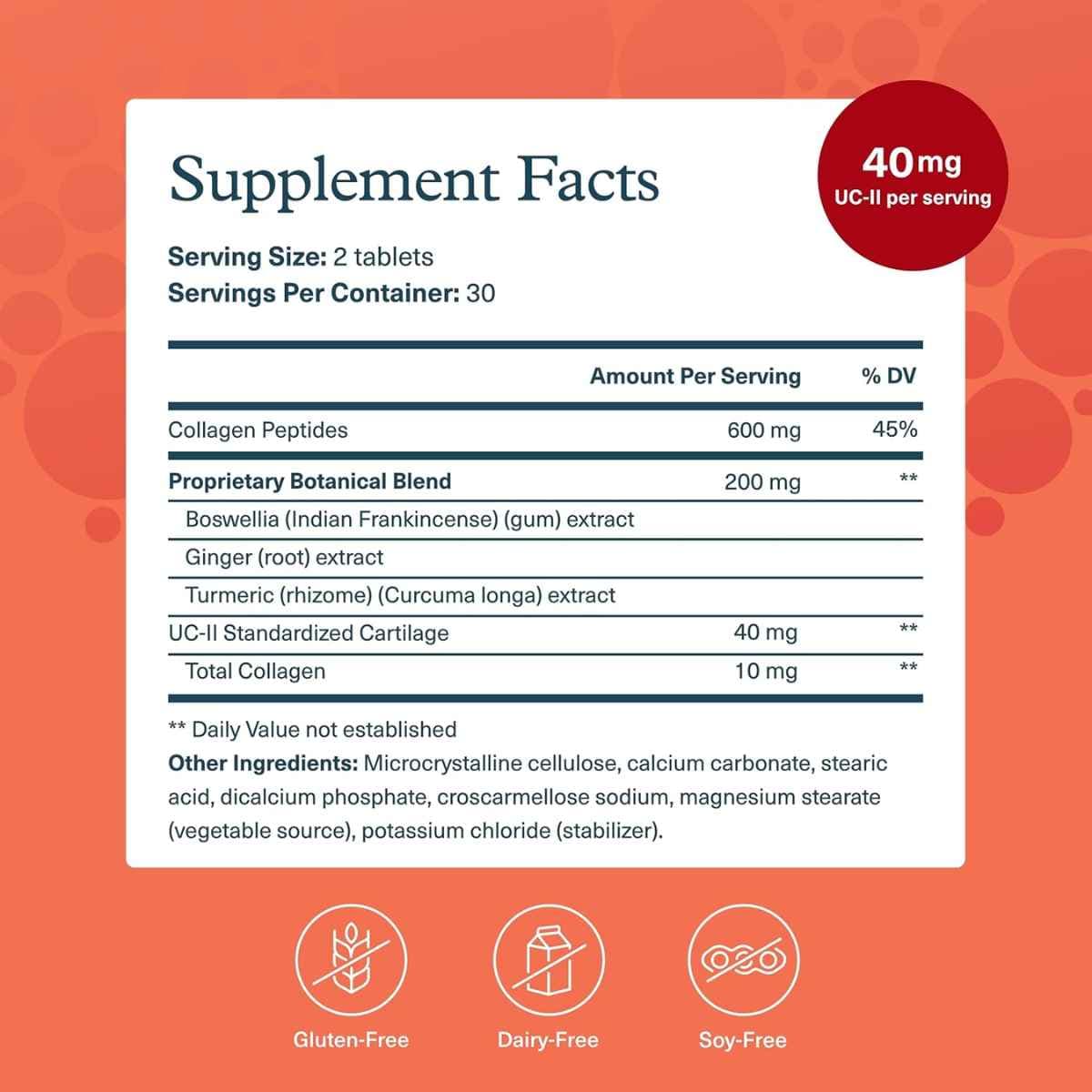 Tabla nutricional del suplemento Youtheory Complejo Articular UC-II Colágeno 60 tabletas