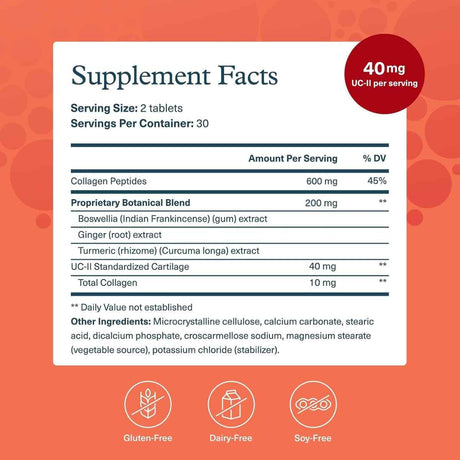 Tabla nutricional del suplemento Youtheory Complejo Articular UC-II Colágeno 60 tabletas
