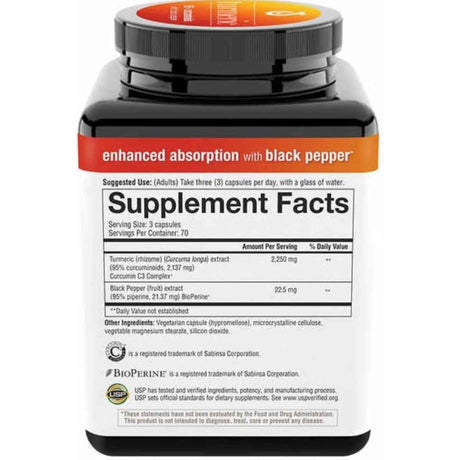 Tabla nutricional del suplemento Youtheory Cúrcuma (Complejo Curcumin C3) 2250 mg 210 Cápsulas Vegetarianas