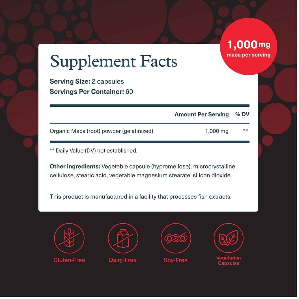 Tabla nutricional del suplemento Youtheory Maca para Hombre Gelatinizada (1000 mg) 120 cápsulas