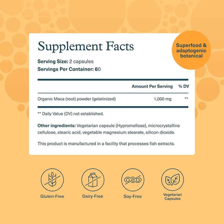 Tabla nutricional del suplemento Youtheory Raíz de Maca Orgánica 120 cápsulas