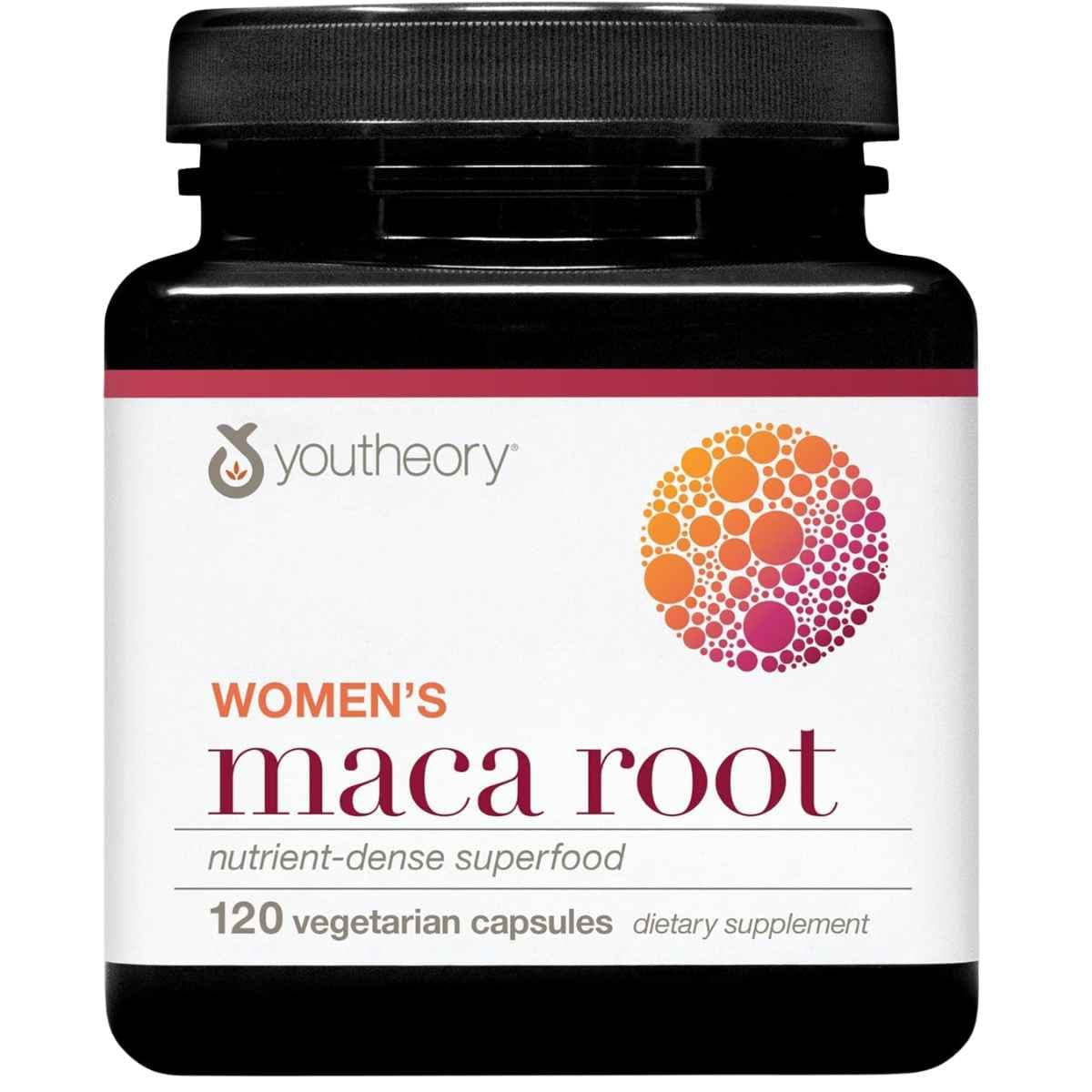 Frasco de suplemento Youtheory Raíz de Maca Orgánica 120 cápsulas