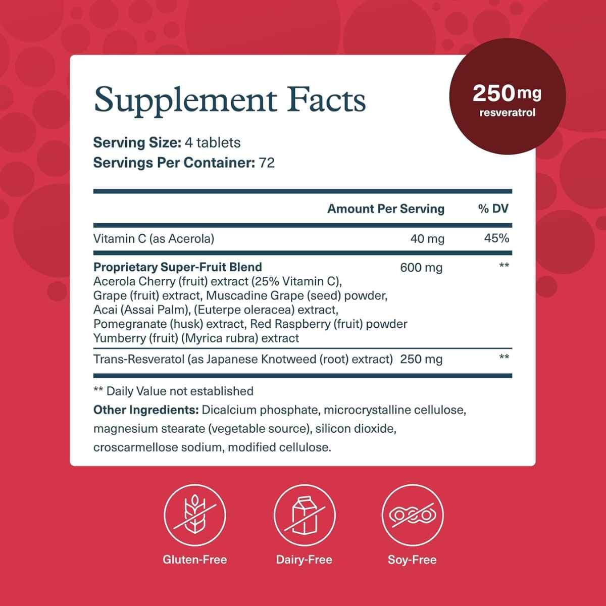 Tabla nutricional del suplemento Youtheory Trans-Resveratrol con Super-Frutas 290 tabletas