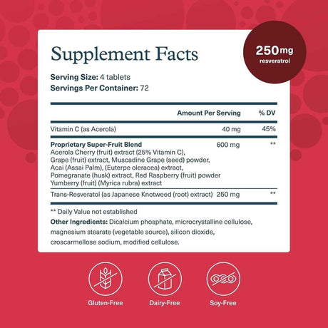 Tabla nutricional del suplemento Youtheory Trans-Resveratrol con Super-Frutas 290 tabletas