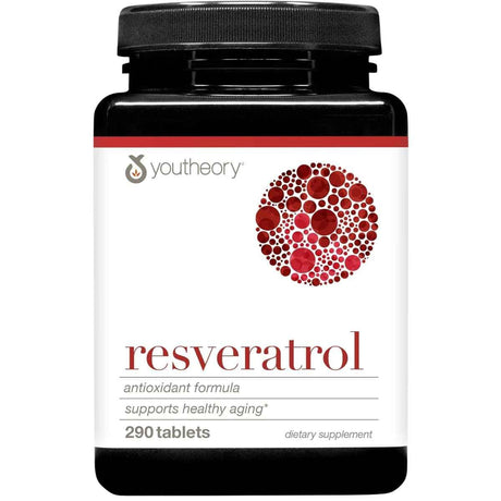 Frasco de suplemento Youtheory Trans-Resveratrol con Super-Frutas 290 tabletas