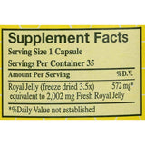 Tabla nutricional del suplemento Y.S. Eco Bee Farms Jalea Real Liofilizada 2000 mg 35 cápsulas