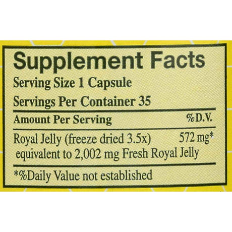 Tabla nutricional del suplemento Y.S. Eco Bee Farms Jalea Real Liofilizada 2000 mg 35 cápsulas