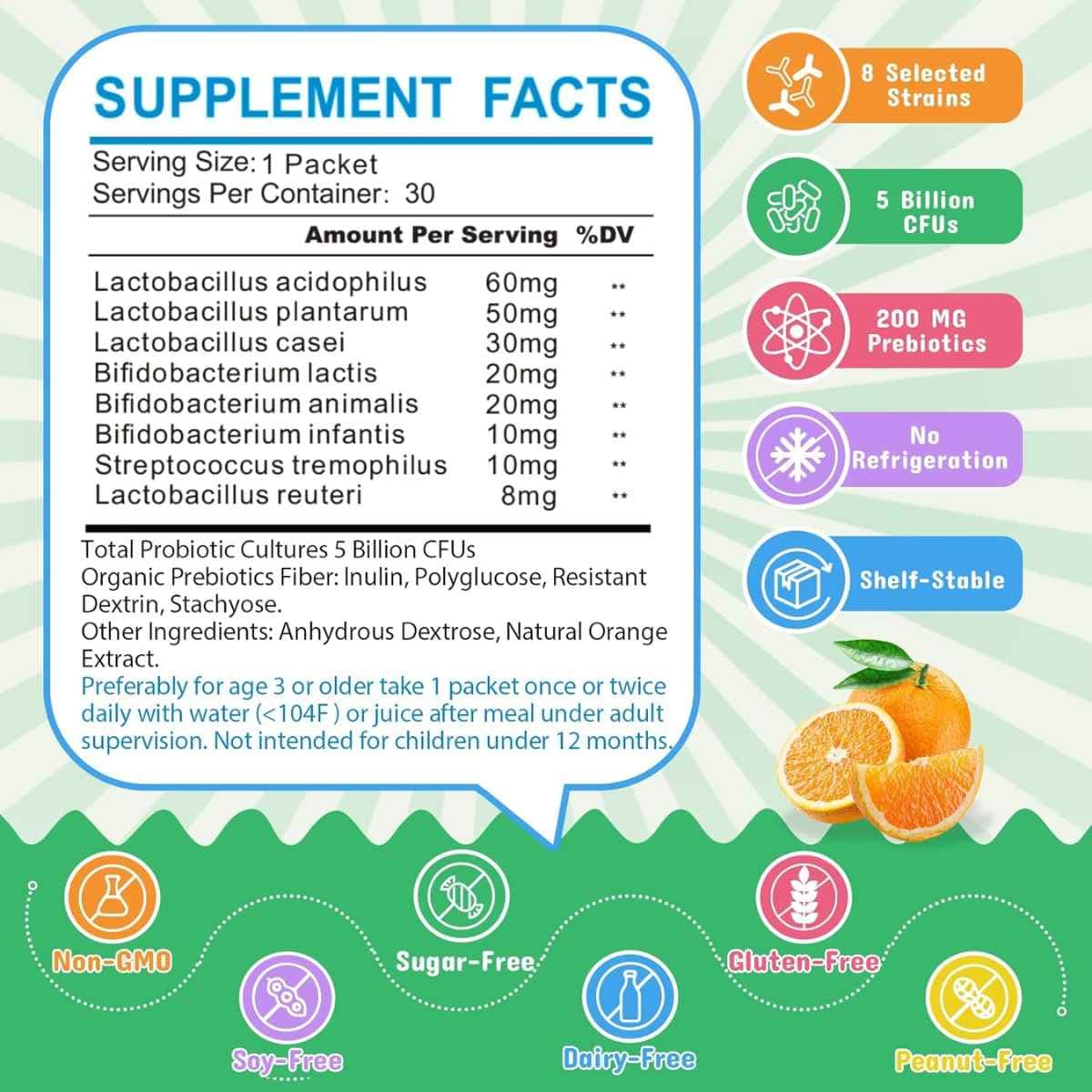 Tabla nutricional del suplemento ZEBORA Probióticos y Prebióticos para Niños 30 paquetes