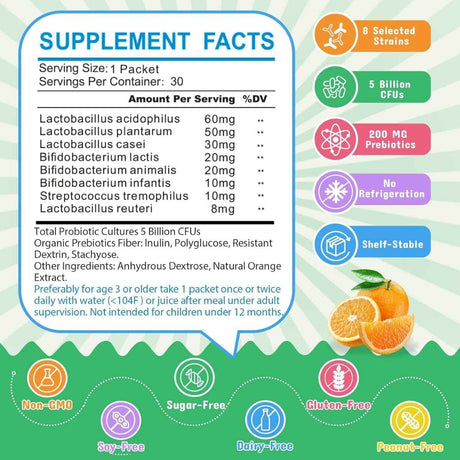 Tabla nutricional del suplemento ZEBORA Probióticos y Prebióticos para Niños 30 paquetes