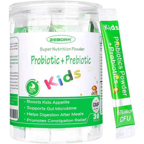 Frasco de suplemento ZEBORA Probióticos y Prebióticos para Niños 30 paquetes