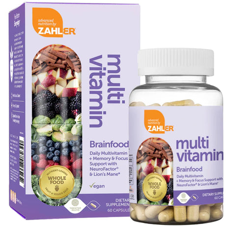 Zahler Brainfood multivitamínico con NeuroFactor y melena de león en frasco de 60 cápsulas