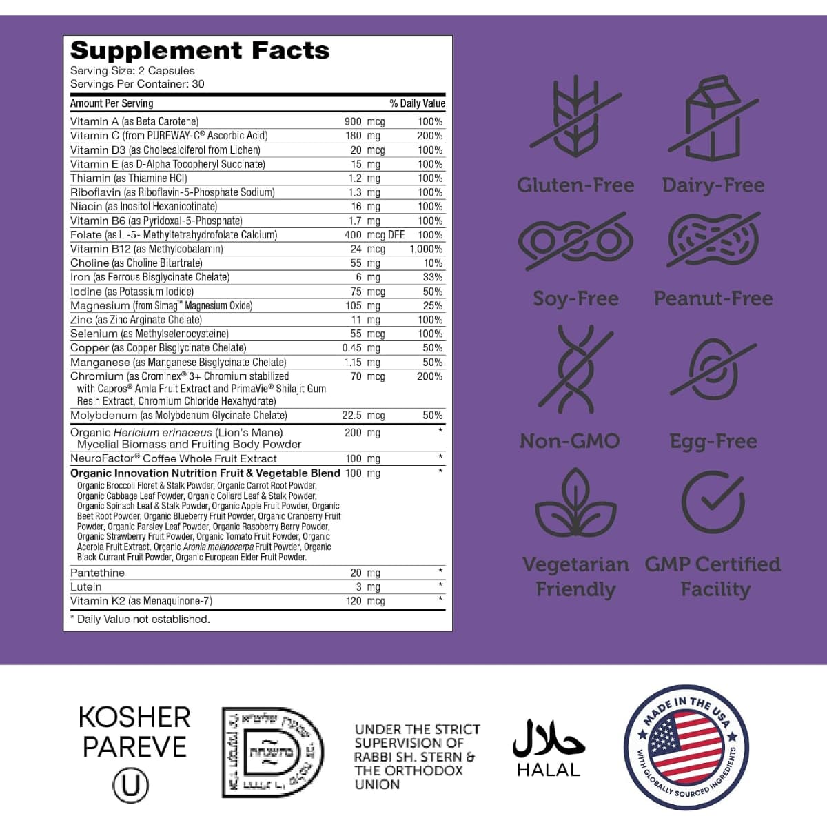 Información del suplemento de Zahler Brainfood multivitamínico con NeuroFactor y melena de león