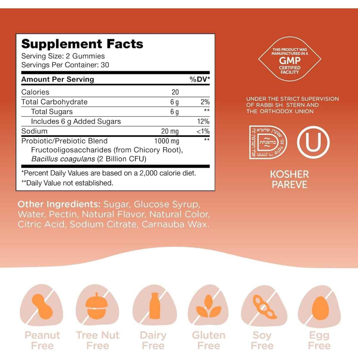 Tabla nutricional del suplemento Zahler Chapter One Probióticos con Prebióticos Sabor Naranja Frambuesa 60 gomitas