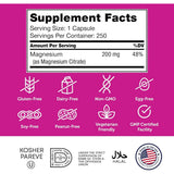 Tabla nutricional del suplemento Zahler Citrato de Magnesio Bioactivo 200 mg 250 cápsulas