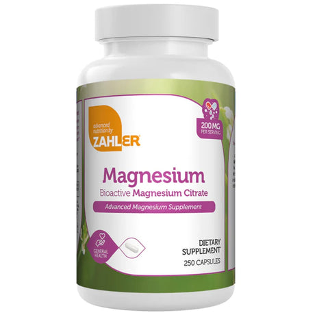 Frasco de suplemento Zahler Citrato de Magnesio Bioactivo 200 mg 250 cápsulas