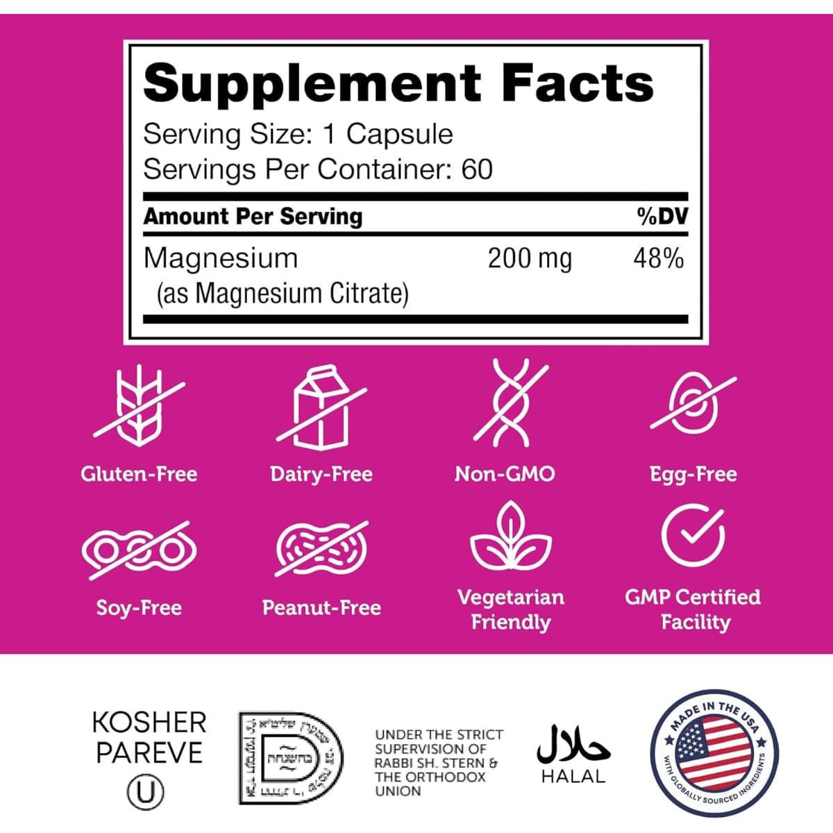 Tabla nutricional del suplemento Zahler Citrato de Magnesio Bioactivo 200 mg 60 cápsulas