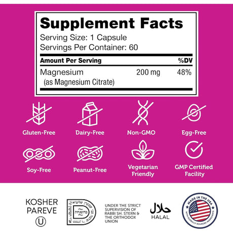 Tabla nutricional del suplemento Zahler Citrato de Magnesio Bioactivo 200 mg 60 cápsulas