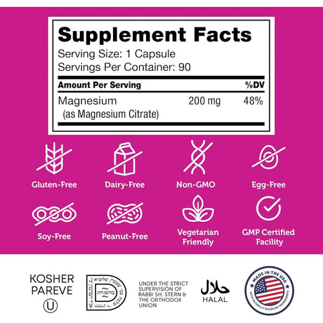 Tabla nutricional del suplemento Zahler Citrato de Magnesio Bioactivo 200 mg 90 cápsulas