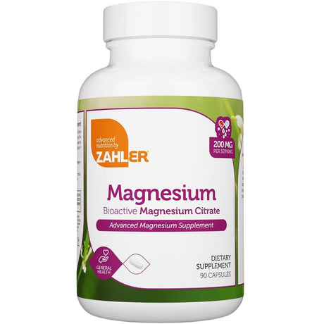 Frasco de suplemento Zahler Citrato de Magnesio Bioactivo 200 mg 90 cápsulas