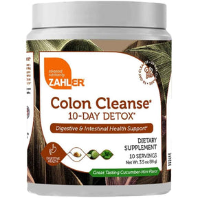 Frasco de suplemento Zahler Colon Cleanse Sabor Pepino-Menta 10 dosis 99 g polvo