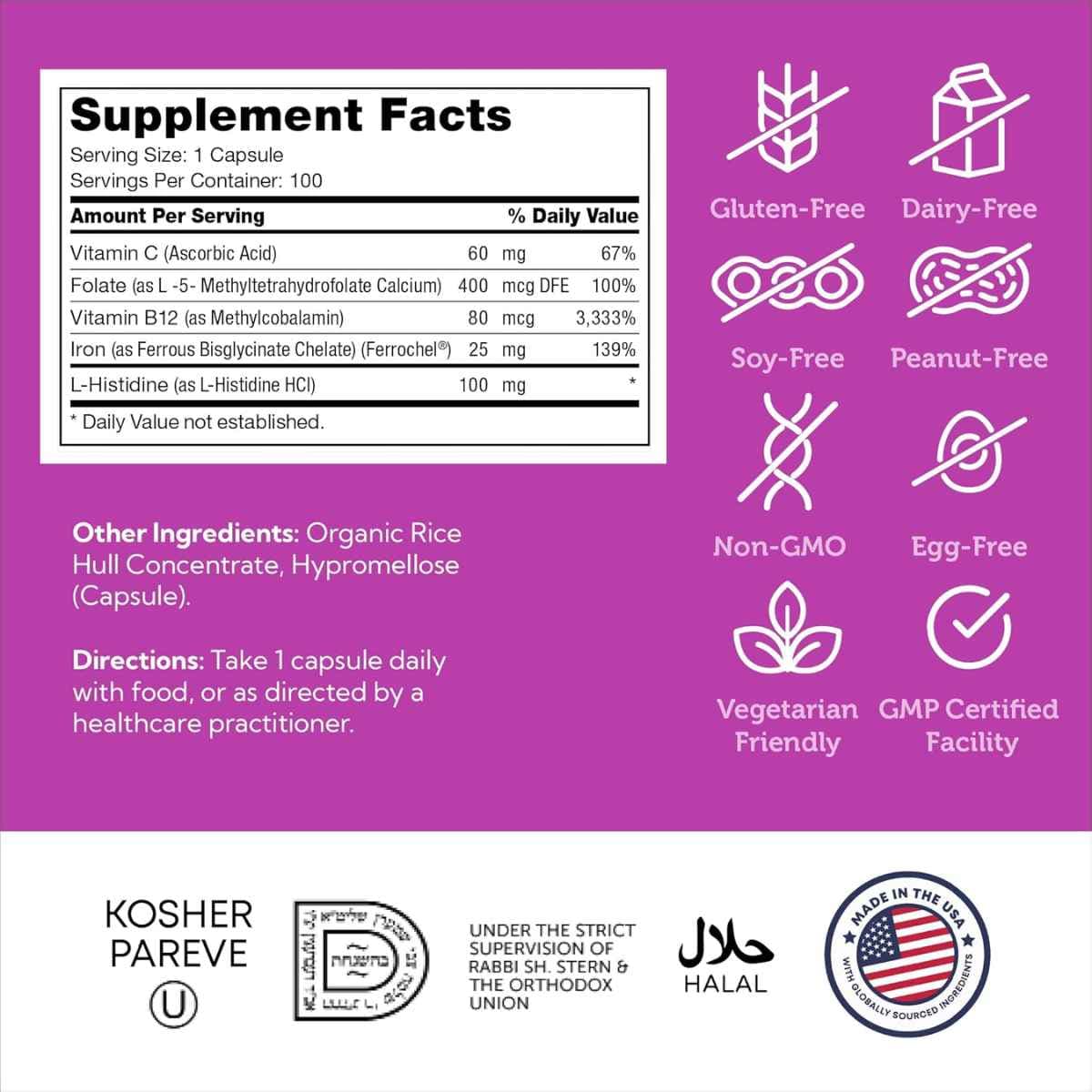 Tabla nutricional del suplemento Zahler Complejo de Hierro Bisglicinato Quelado 100 cápsulas