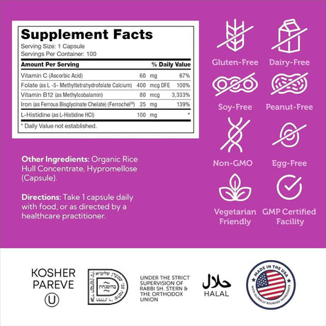 Tabla nutricional del suplemento Zahler Complejo de Hierro Bisglicinato Quelado 100 cápsulas