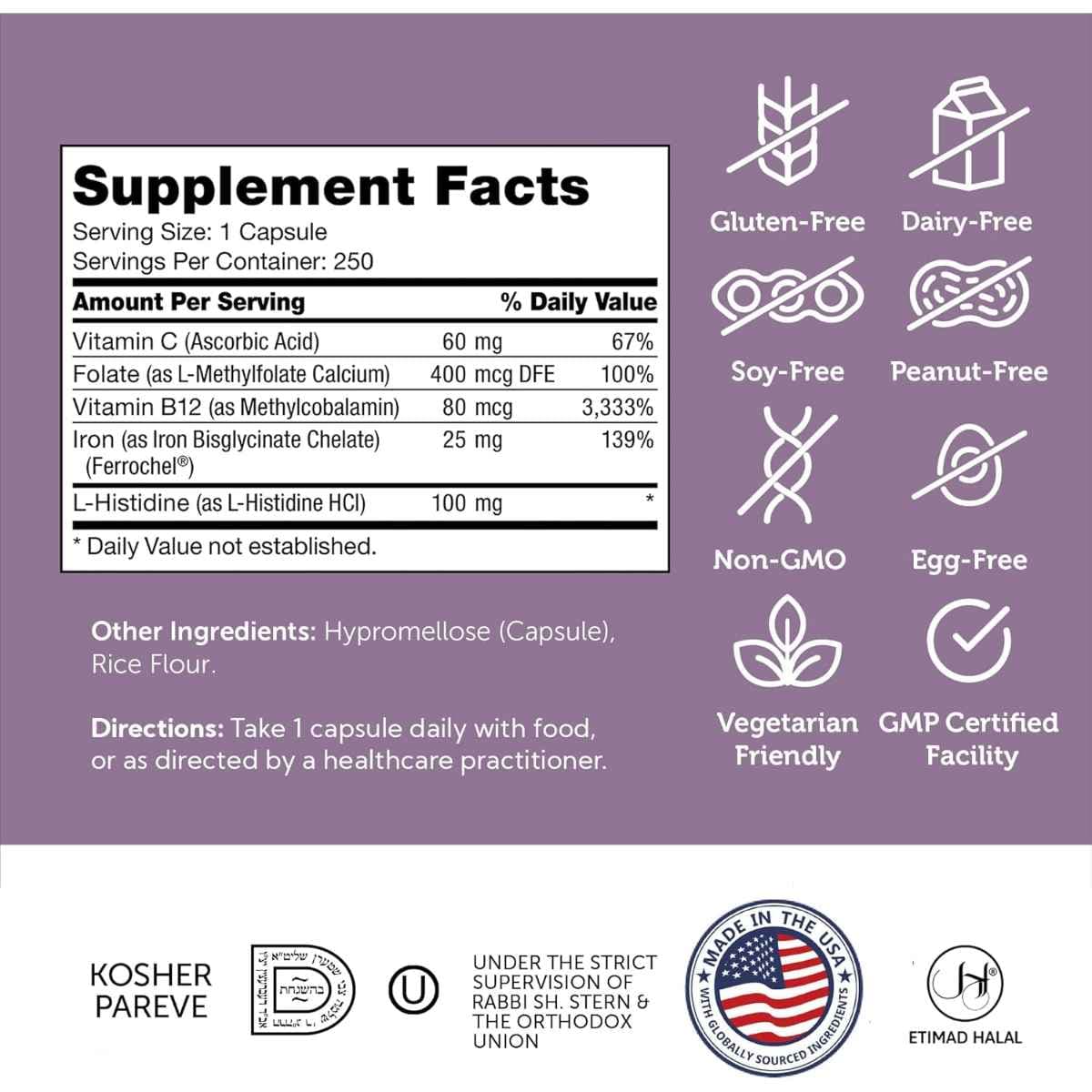 Tabla nutricional del suplemento Zahler Complejo de Hierro Bisglicinato Quelado 250 cápsulas