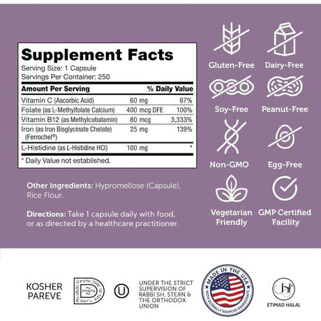 Tabla nutricional del suplemento Zahler Complejo de Hierro Bisglicinato Quelado 250 cápsulas