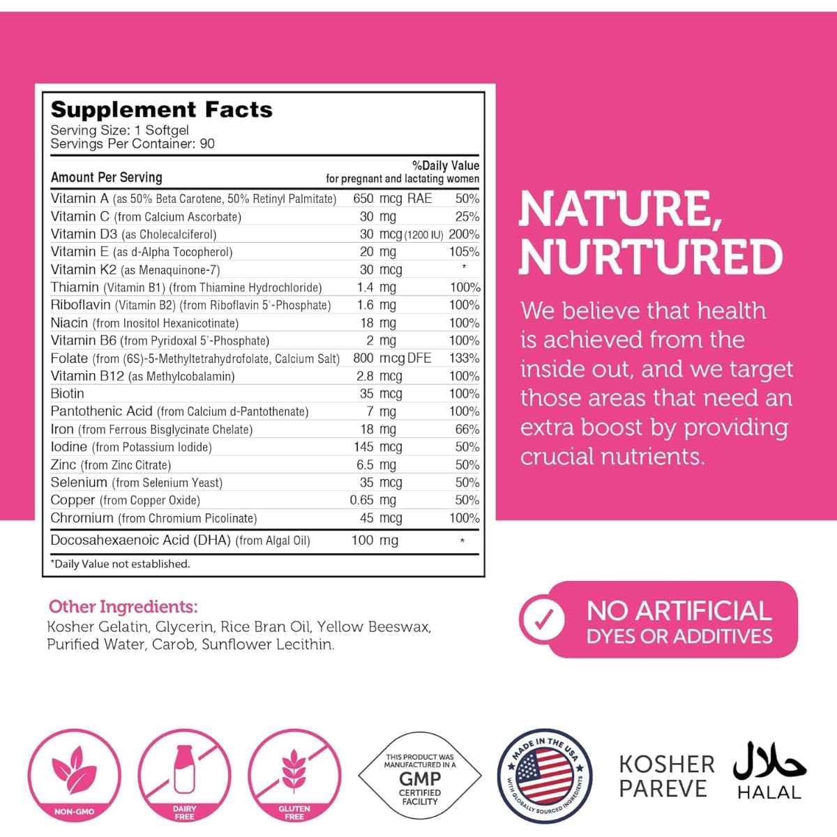 Tabla nutricional del suplemento ZAHLER Mighty Mini Prenatal + DHA 90 cápsulas blandas
