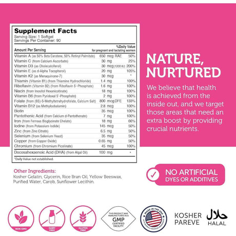 Tabla nutricional del suplemento ZAHLER Mighty Mini Prenatal + DHA 90 cápsulas blandas