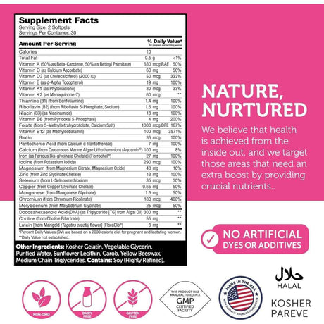 Tabla nutricional del suplemento ZAHLER Prenatal con DHA y Folato Metilado 60 cápsulas blandas