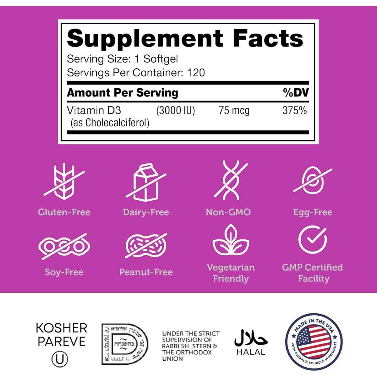 Tabla nutricional del suplemento Zahler Vitamina D3 Avanzada 3000 UI 120 cápsulas blandas