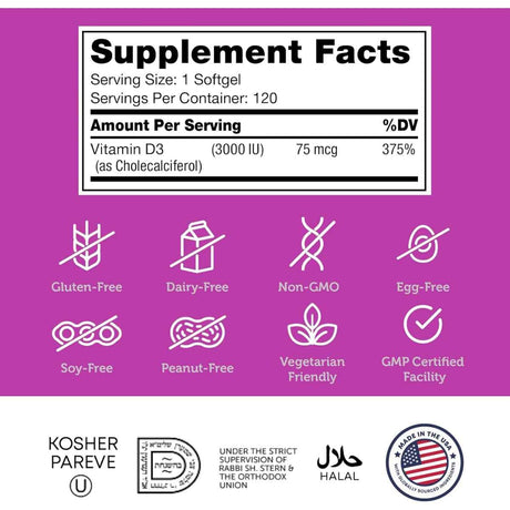 Tabla nutricional del suplemento Zahler Vitamina D3 Avanzada 3000 UI 120 cápsulas blandas