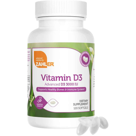 Frasco de suplemento Zahler Vitamina D3 Avanzada 3000 UI 120 cápsulas blandas