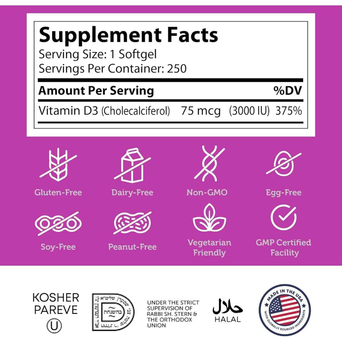 Tabla nutricional del suplemento Zahler Vitamina D3 Avanzada 3000 UI 250 cápsulas blandas