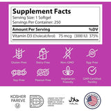 Tabla nutricional del suplemento Zahler Vitamina D3 Avanzada 3000 UI 250 cápsulas blandas