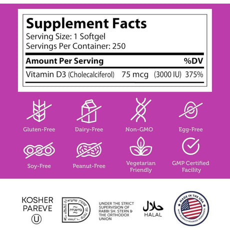 Tabla nutricional del suplemento Zahler Vitamina D3 Avanzada 3000 UI 250 cápsulas blandas