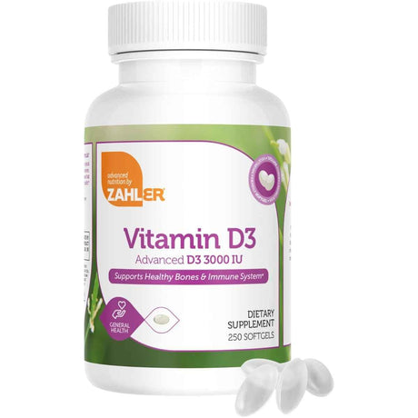 Frasco de suplemento Zahler Vitamina D3 Avanzada 3000 UI 250 cápsulas blandas