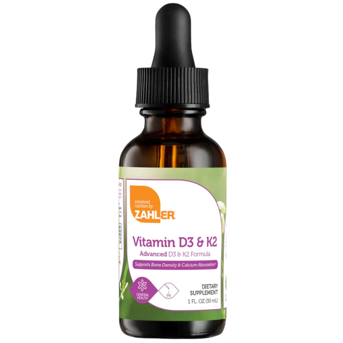 Frasco de suplemento Zahler Vitamina D3 y K2 en Gotas 30 ml