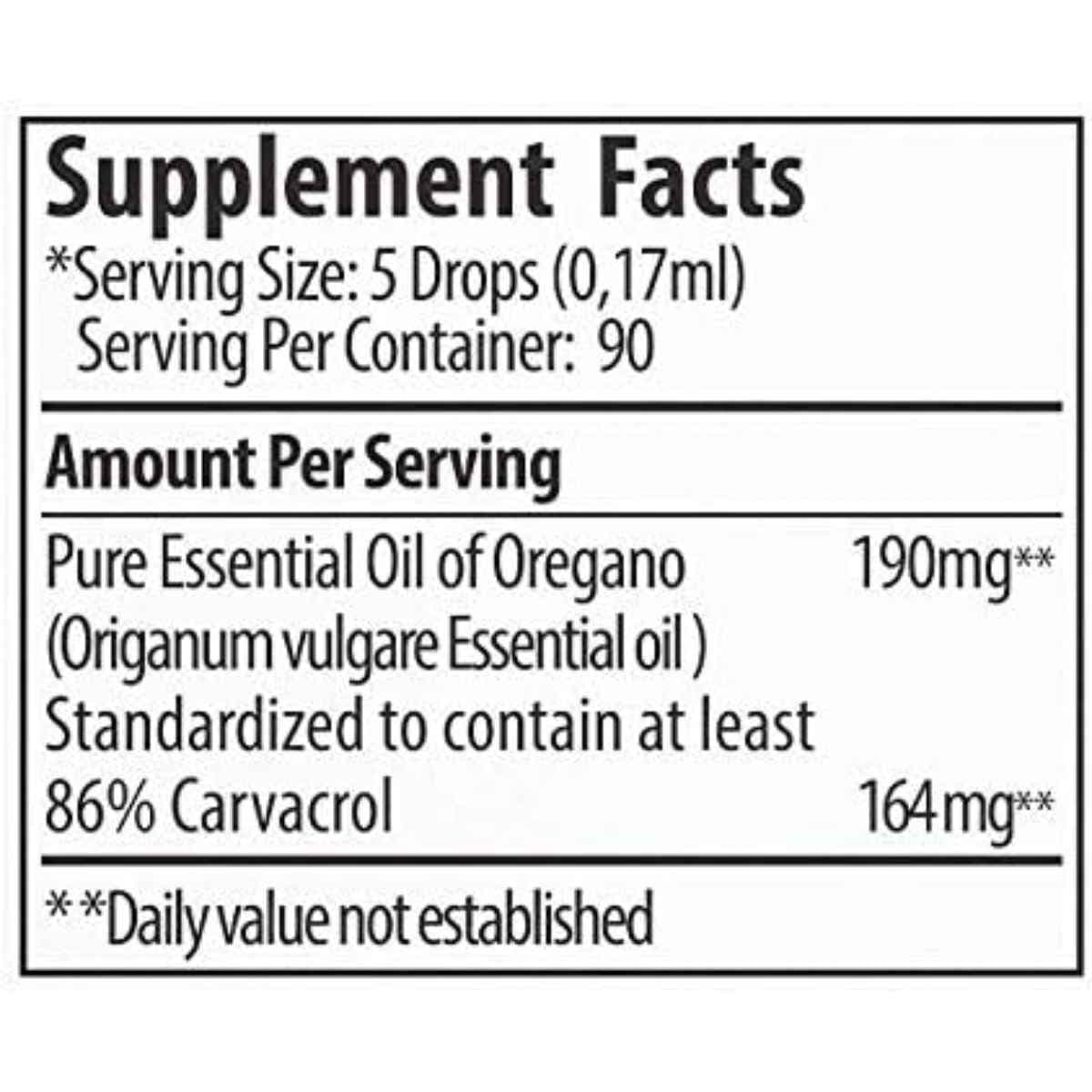 Tabla nutricional del suplemento Aceite de Orégano Zane Hellas 15 ml