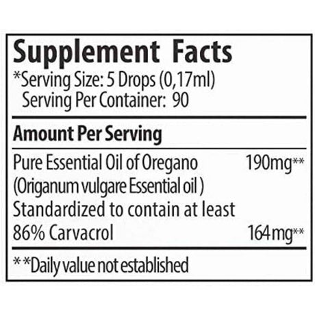 Tabla nutricional del suplemento Aceite de Orégano Zane Hellas 15 ml