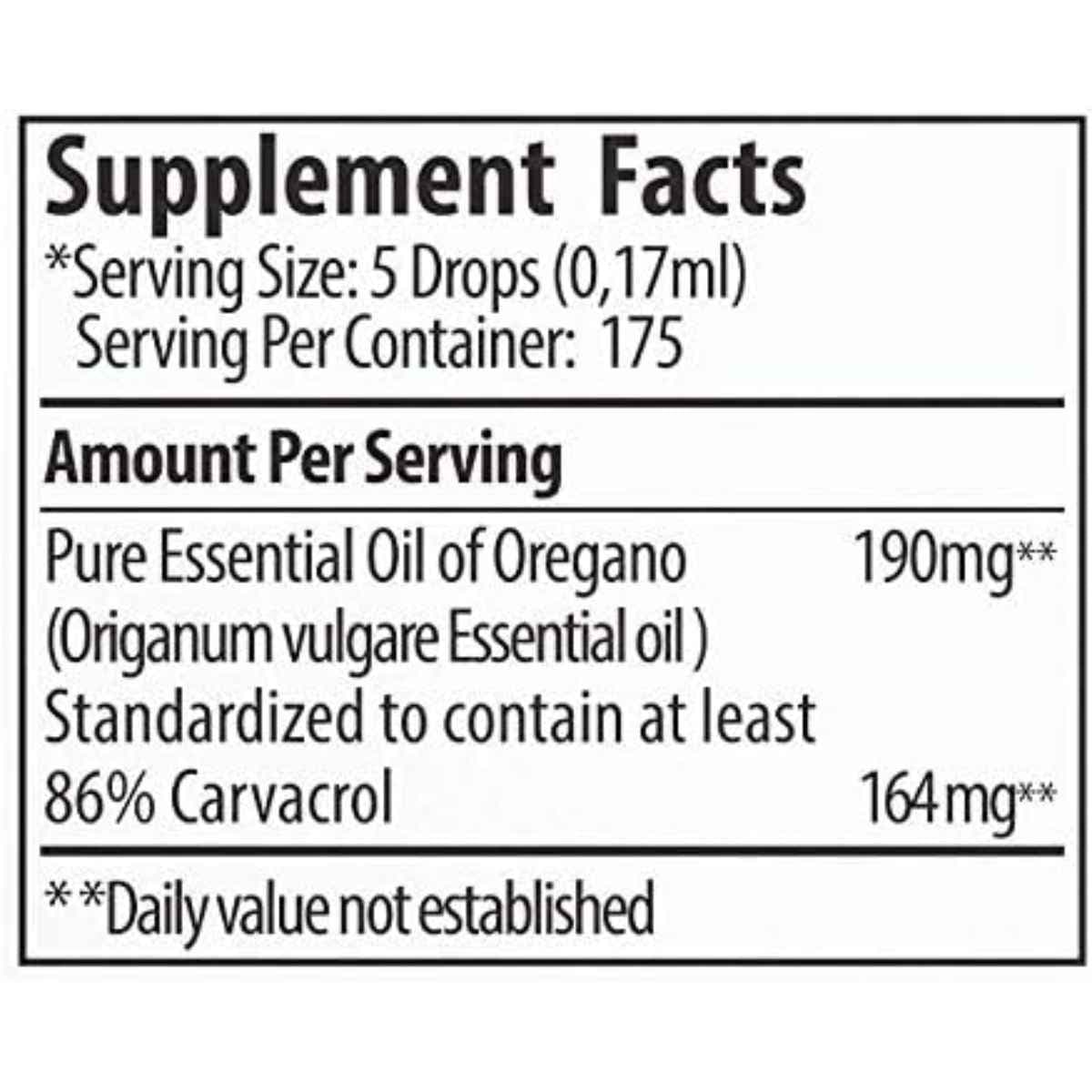 Tabla nutricional del suplemento Aceite de Orégano Zane Hellas 30 ml