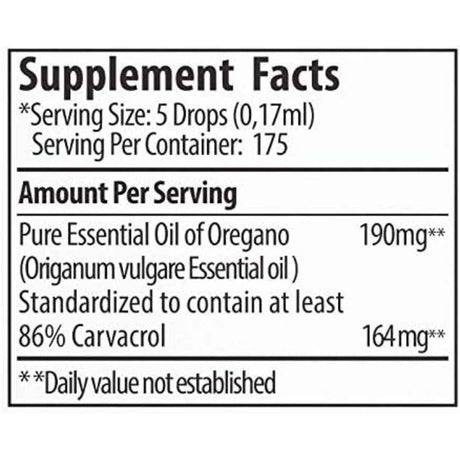 Tabla nutricional del suplemento Aceite de Orégano Zane Hellas 30 ml