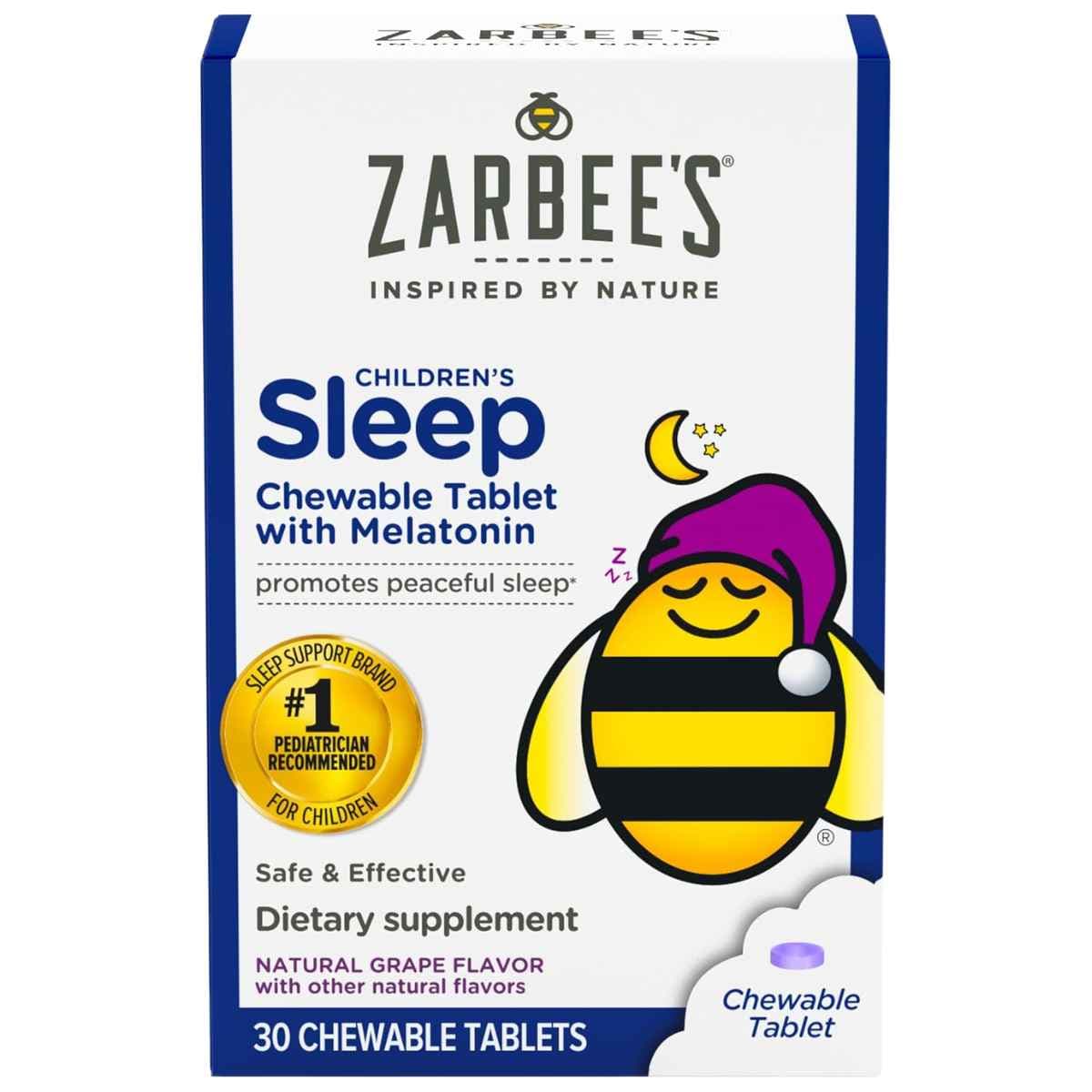 Caja frontal de Zarbee's melatonina infantil en tabletas masticables sabor uva con 30 tabletas.