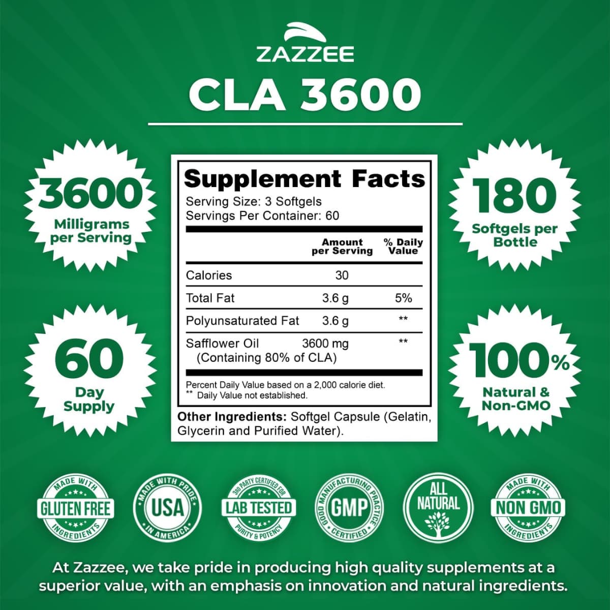 Tabla nutricional del suplemento ZAZZEE Ácido Linoleico Conjugado CLA 180 cápsulas blandas