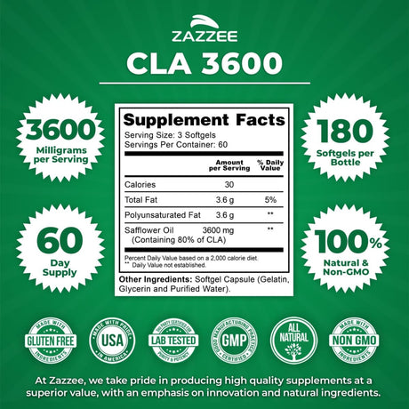 Tabla nutricional del suplemento ZAZZEE Ácido Linoleico Conjugado CLA 180 cápsulas blandas