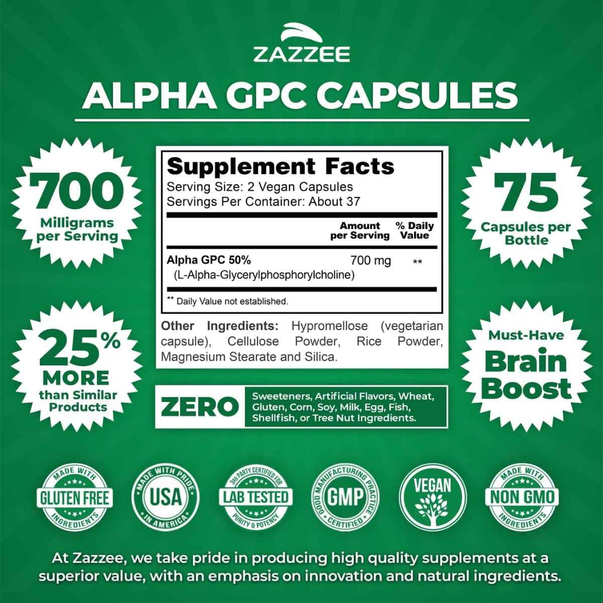 Tabla nutricional del suplemento Zazzee Alpha GPC 75 cápsulas veganas
