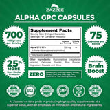 Tabla nutricional del suplemento Zazzee Alpha GPC 75 cápsulas veganas