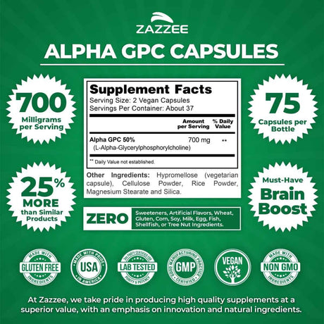 Tabla nutricional del suplemento Zazzee Alpha GPC 75 cápsulas veganas