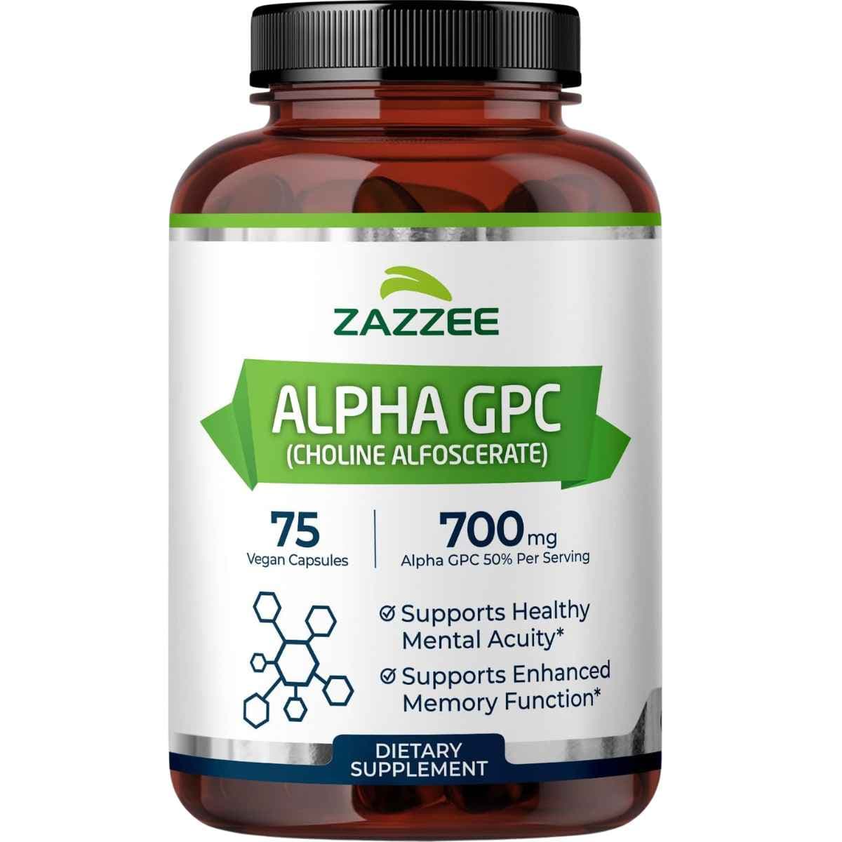 Frasco de suplemento Zazzee Alpha GPC 75 cápsulas veganas